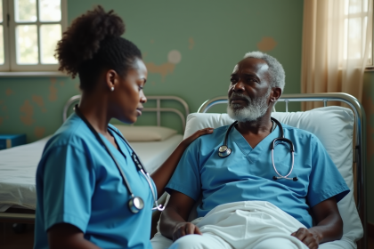 Jeune infirmiere africaine console un patient dans un hopital