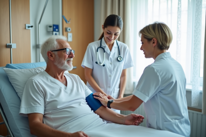 Infirmière en uniforme blanc vérifiant le pouls d'un patient âgé