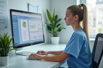Infirmière utilisant le logiciel c.netsoins mis à jour sur un écran tactile dans un bureau clinique moderne