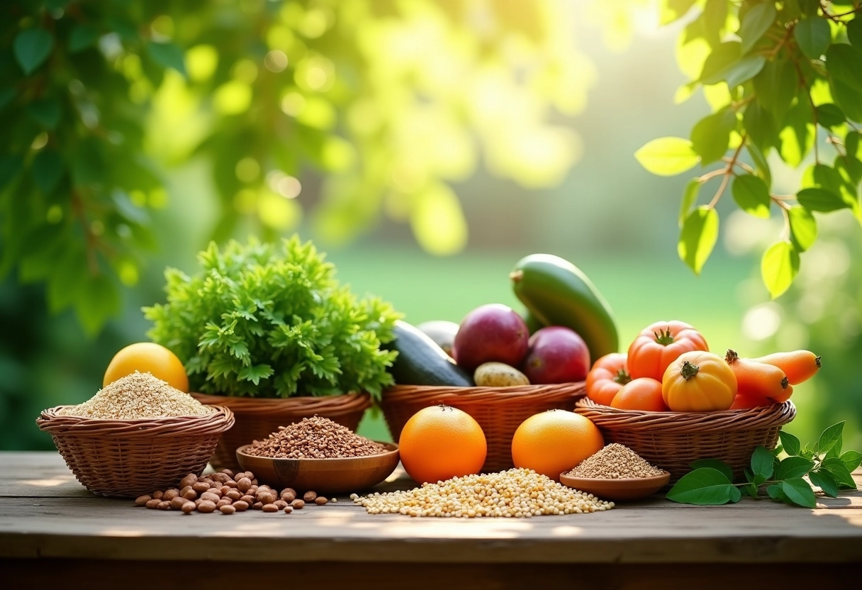 Panier de produits bio frais sur une table en plein air dans un jardin
