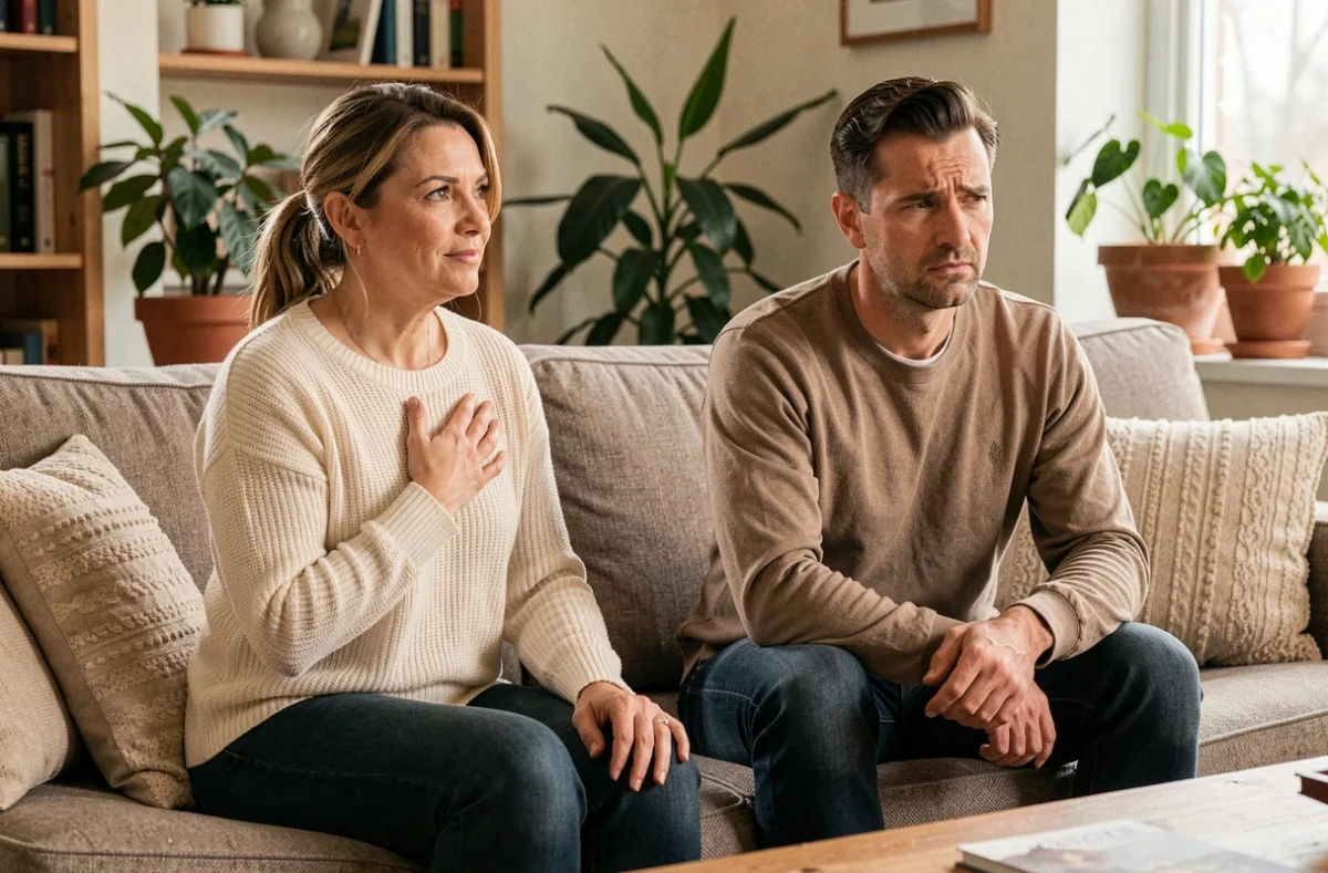 Une femme affirmant comprendre les émotions d'un homme qui semble isolé émotionnellement sur un canapé