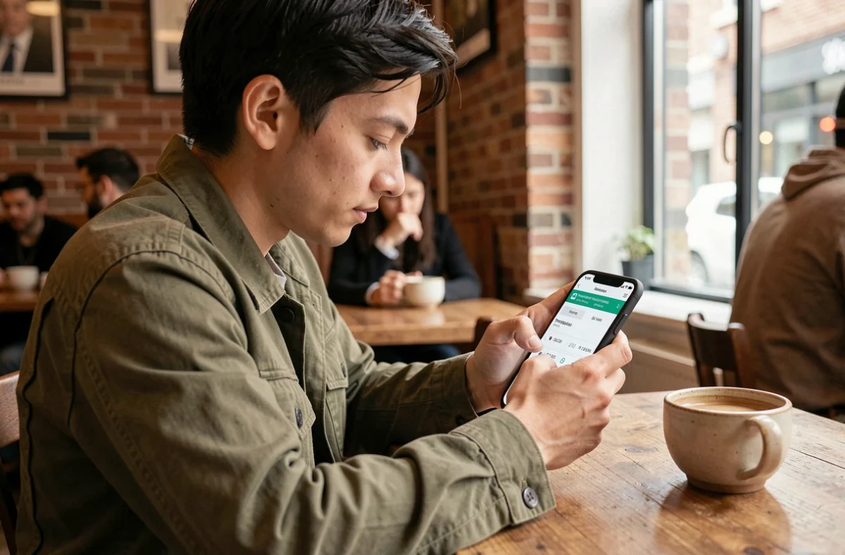 Jeune adulte utilisant un outil de calcul de verre correcteur sur smartphone dans un café pour comprendre son ordonnance de lunettes