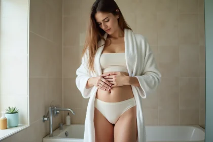 Jeune femme en robe de bain examine son ventre