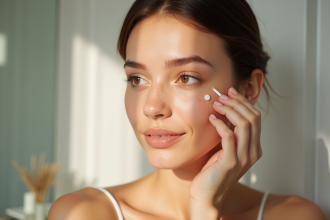 Jeune femme appliquant un soin naturel sur la peau avec un bouton