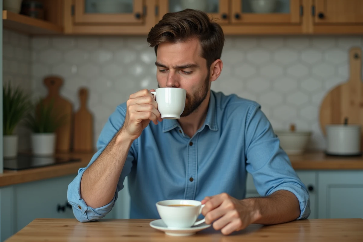 Jeune homme de 20 ans buvant une tisane dans la cuisine