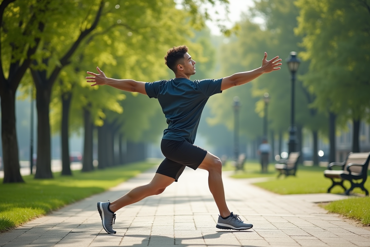 Jeune homme en étirements dans un parc urbain matin