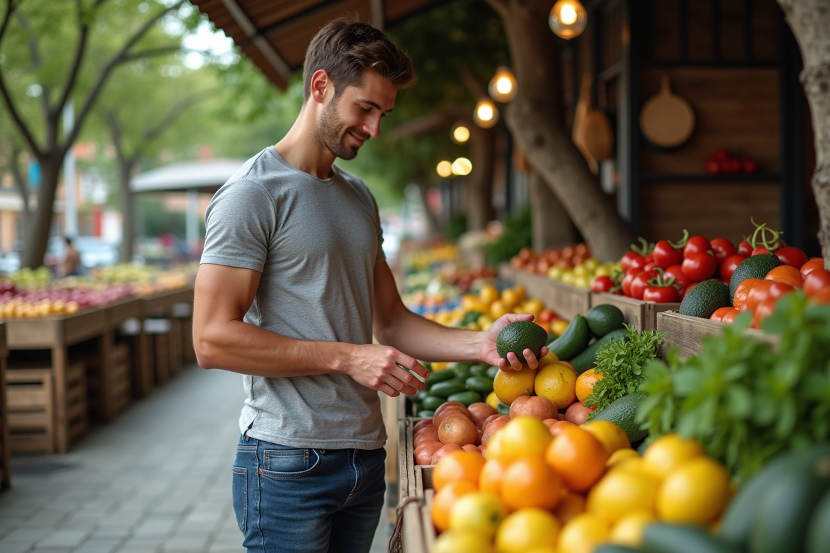 Jeune homme choisissant un avocat dans un marché en plein air