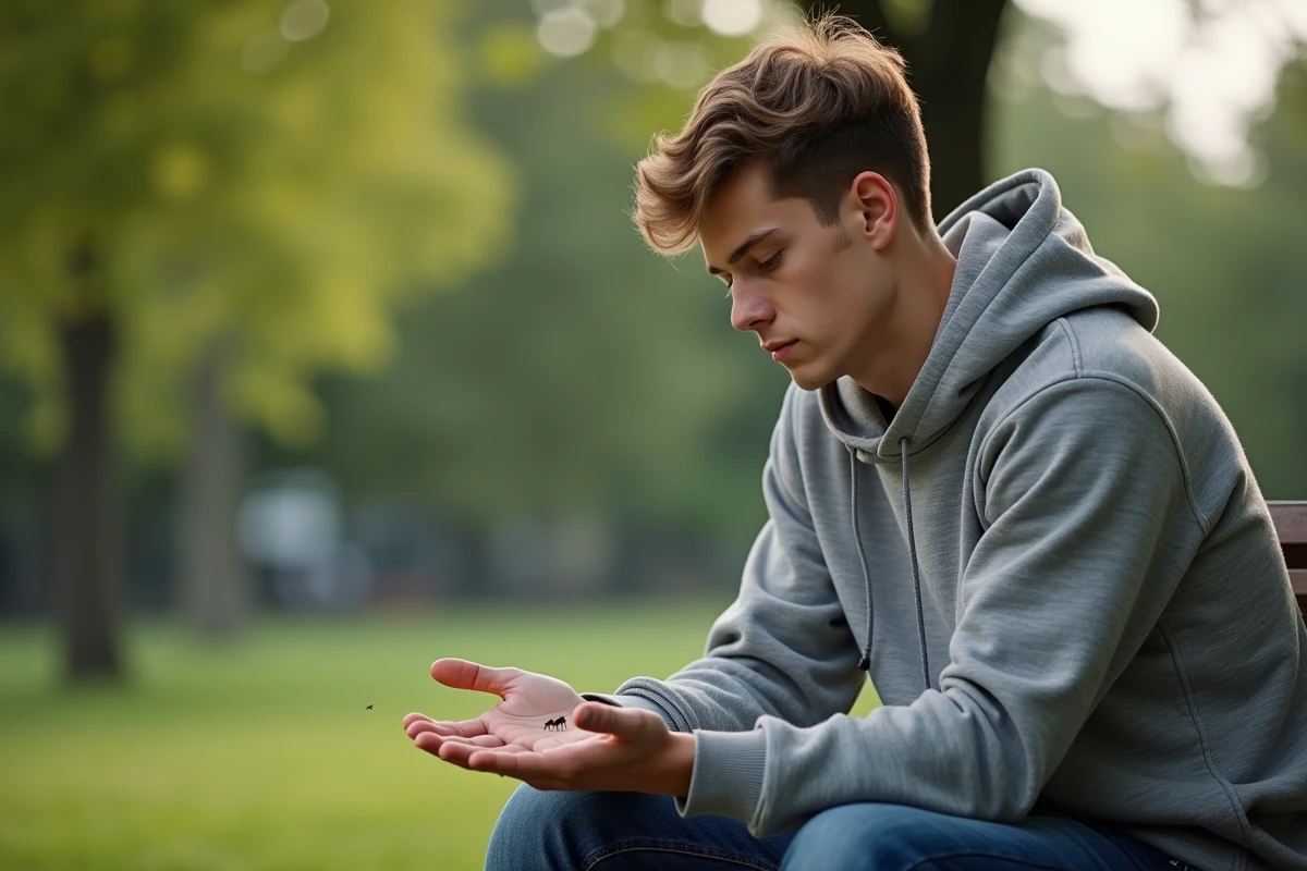 Jeune homme dans un parc observant une fourmi sur sa main