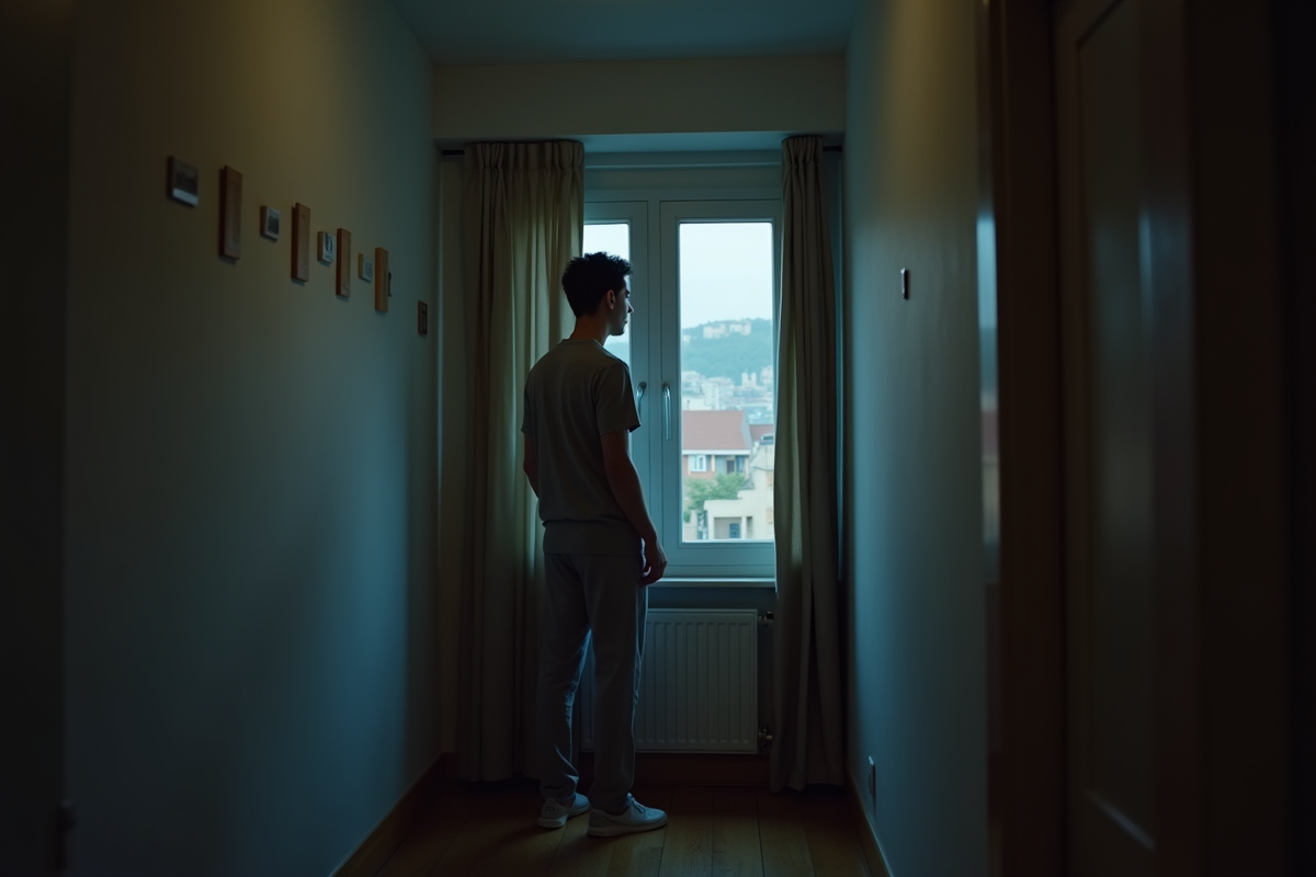 Jeune homme regardant par la fenêtre la nuit