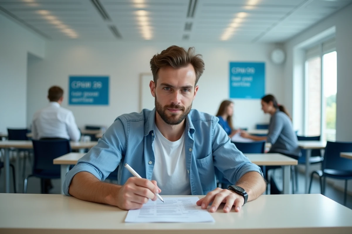 Jeune homme assis au guichet de la CPAM Nanterre remplissant un formulaire