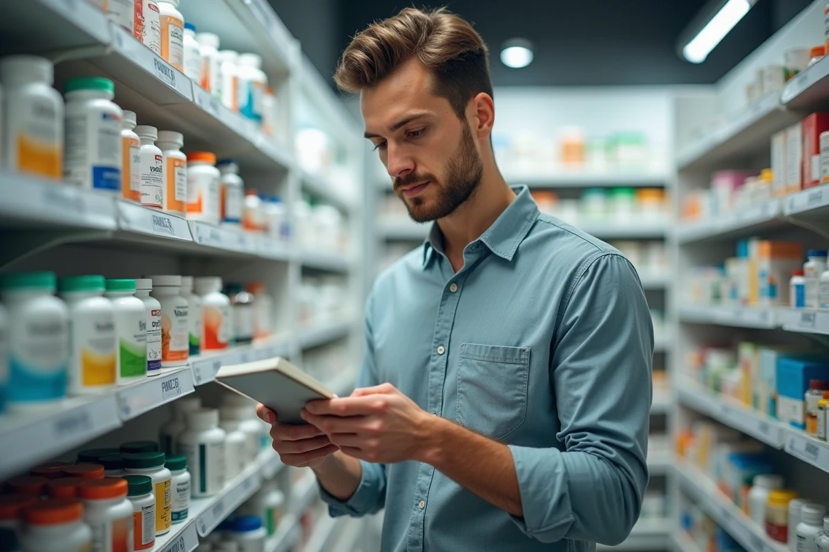 Jeune homme parcourant les produits probiotiques en pharmacie