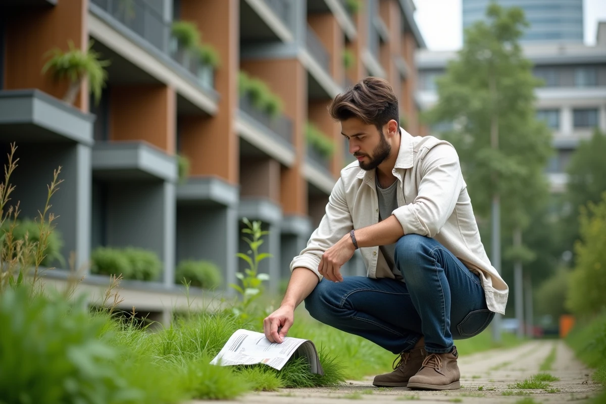 Jeune homme triant des magazines recyclables dans un jardin urbain