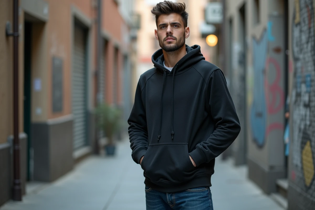 Jeune homme en hoodie dans la ville moderne