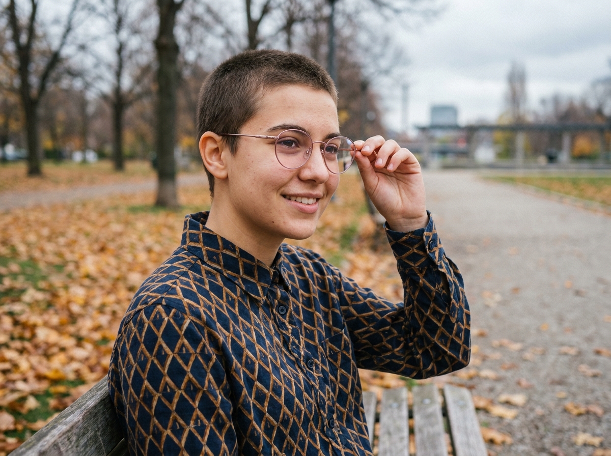 Jeune personne portant des lunettes rondes à monture métallique dans un parc en automne