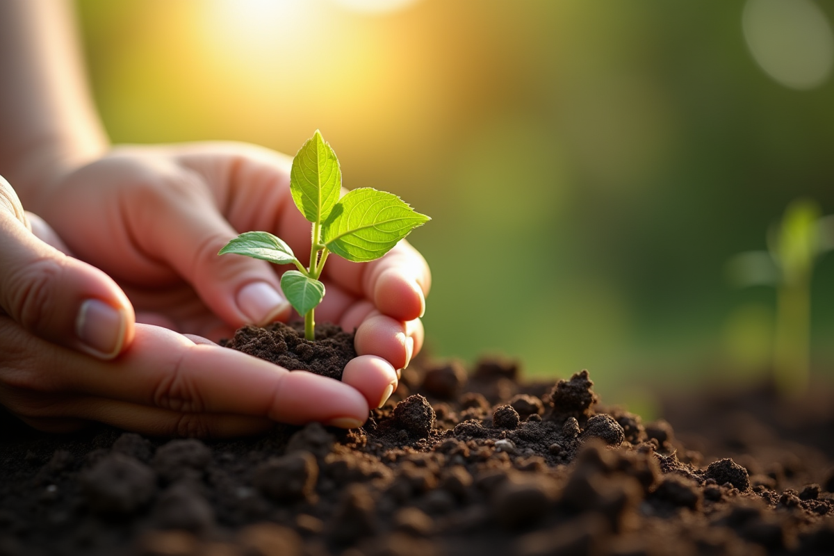 Main humaine soignant une jeune plante dans la terre