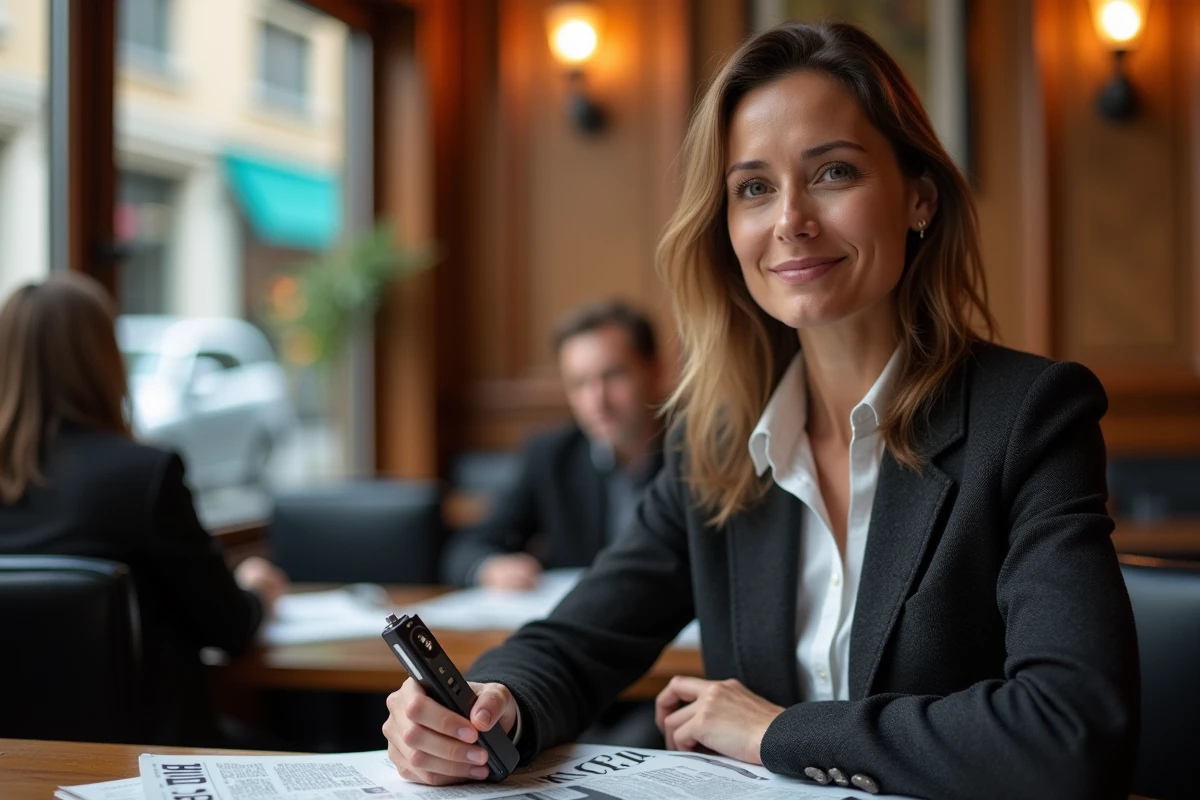 Journaliste femme avec enregistreur dans un café