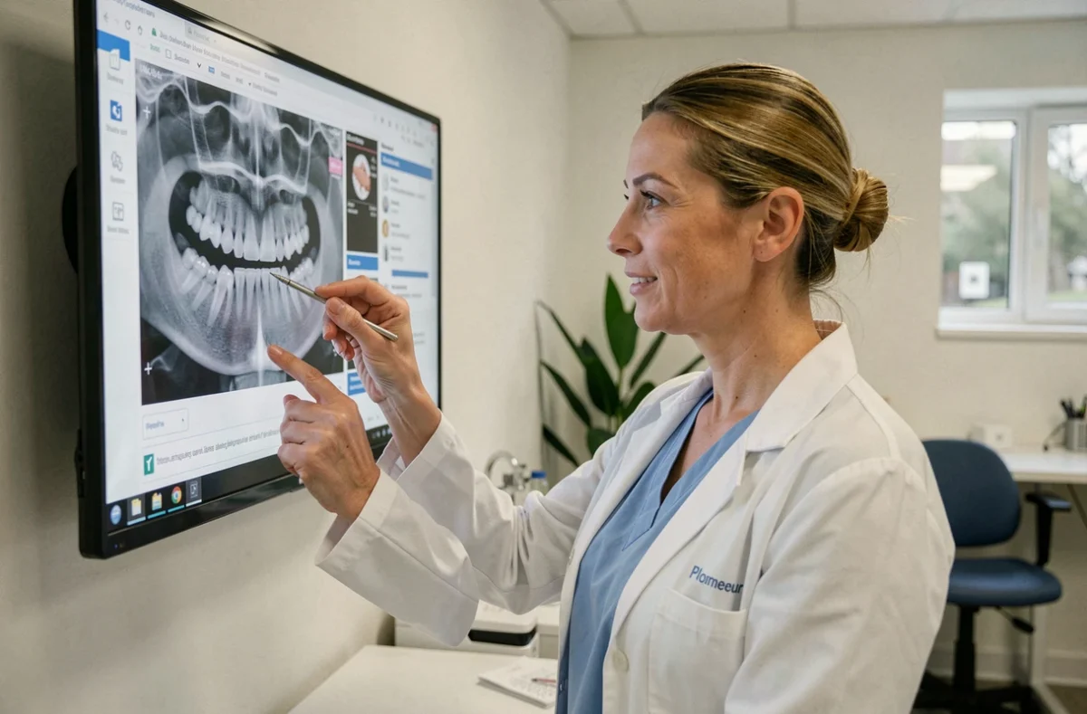 Orthodontiste femme consultant des radiographies dentaires dans son cabinet à Ploemeur