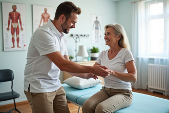 Kinésithérapeute aidant une personne âgée en clinique