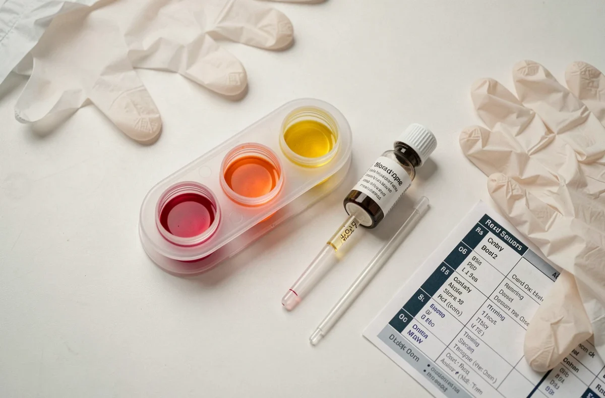 Kit de test de groupe sanguin ABO sur table de laboratoire médical en vue du dessus