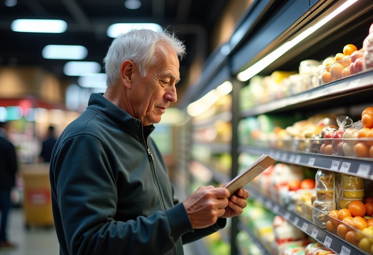 Personne âgée lisant une étiquette nutritionnelle en magasin