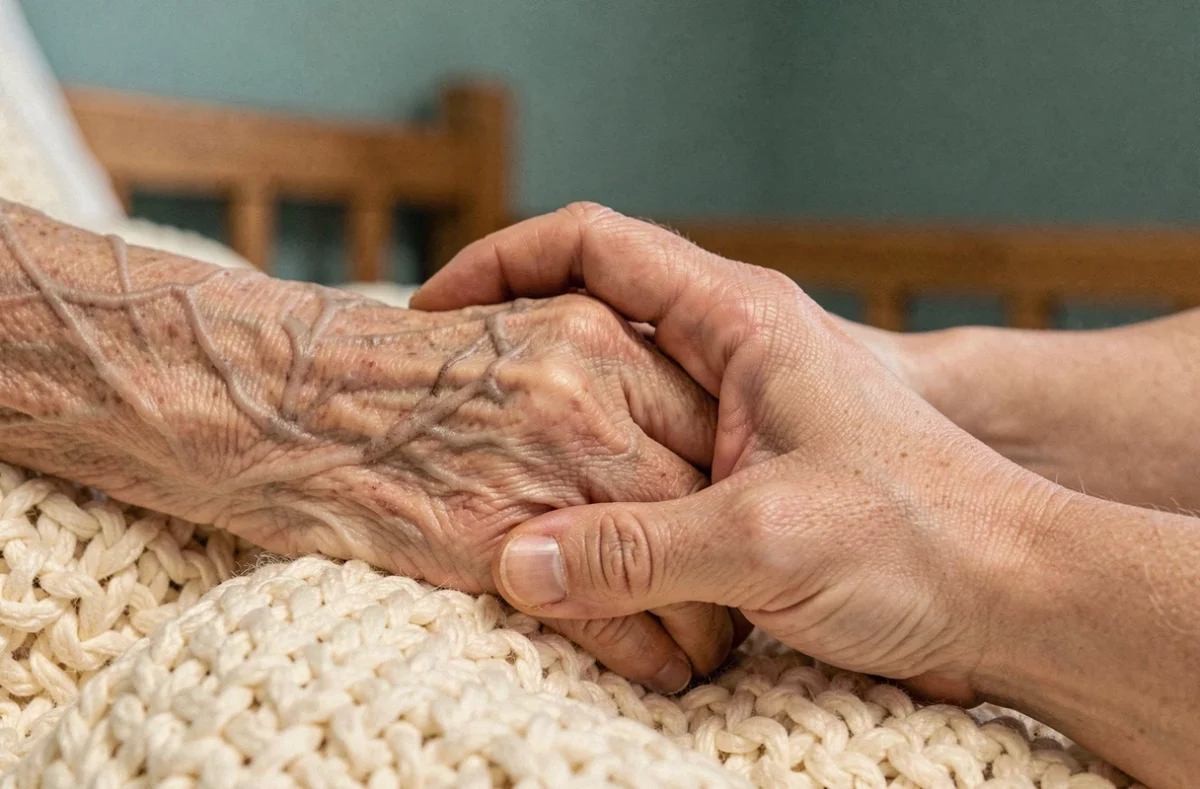 Mains entrelacées d'un aidant et d'un proche en fin de vie atteint d'Alzheimer, geste de réconfort et d'accompagnement
