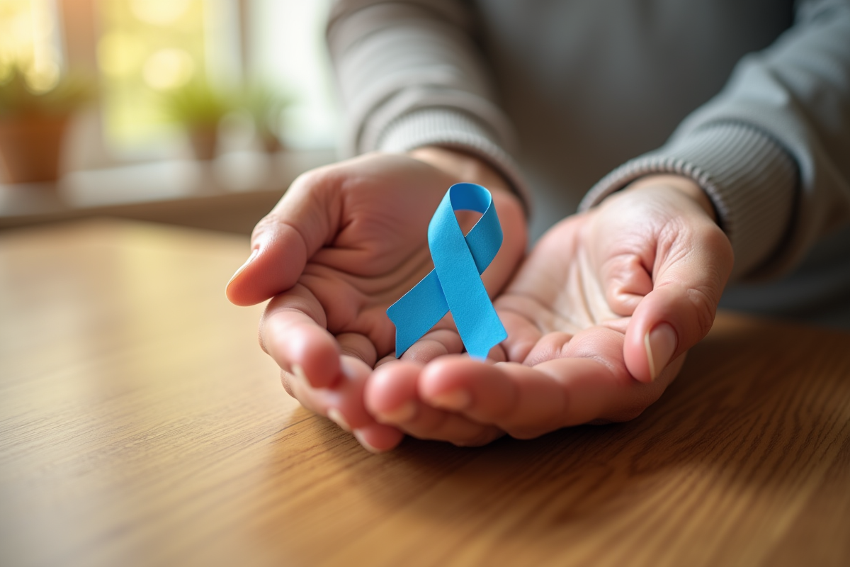 Mains tenant un ruban bleu et un symbole prostate