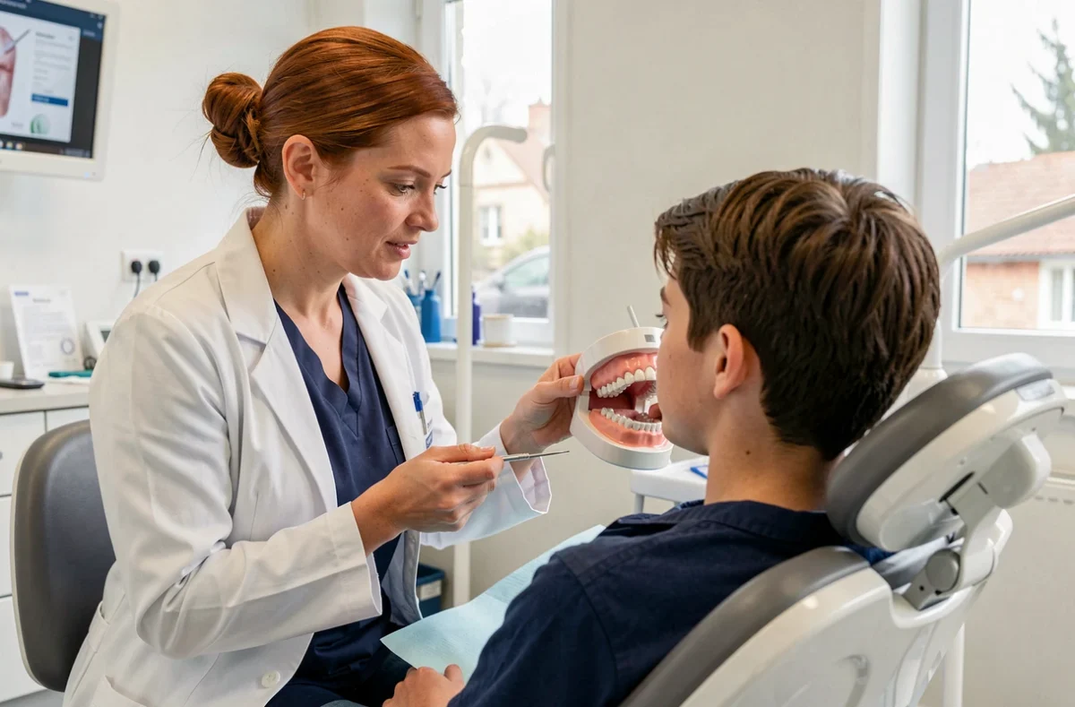 Orthodontiste femme expliquant un modèle dentaire à une patiente dans son cabinet à Vannes