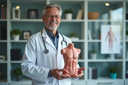 Médecin en blouse blanche expliquant le modèle anatomique