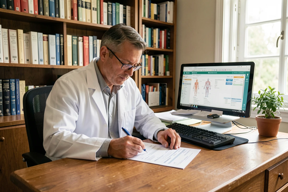 Médecin généraliste rédigeant un arrêt de travail pour douleur dentaire à son bureau de consultation