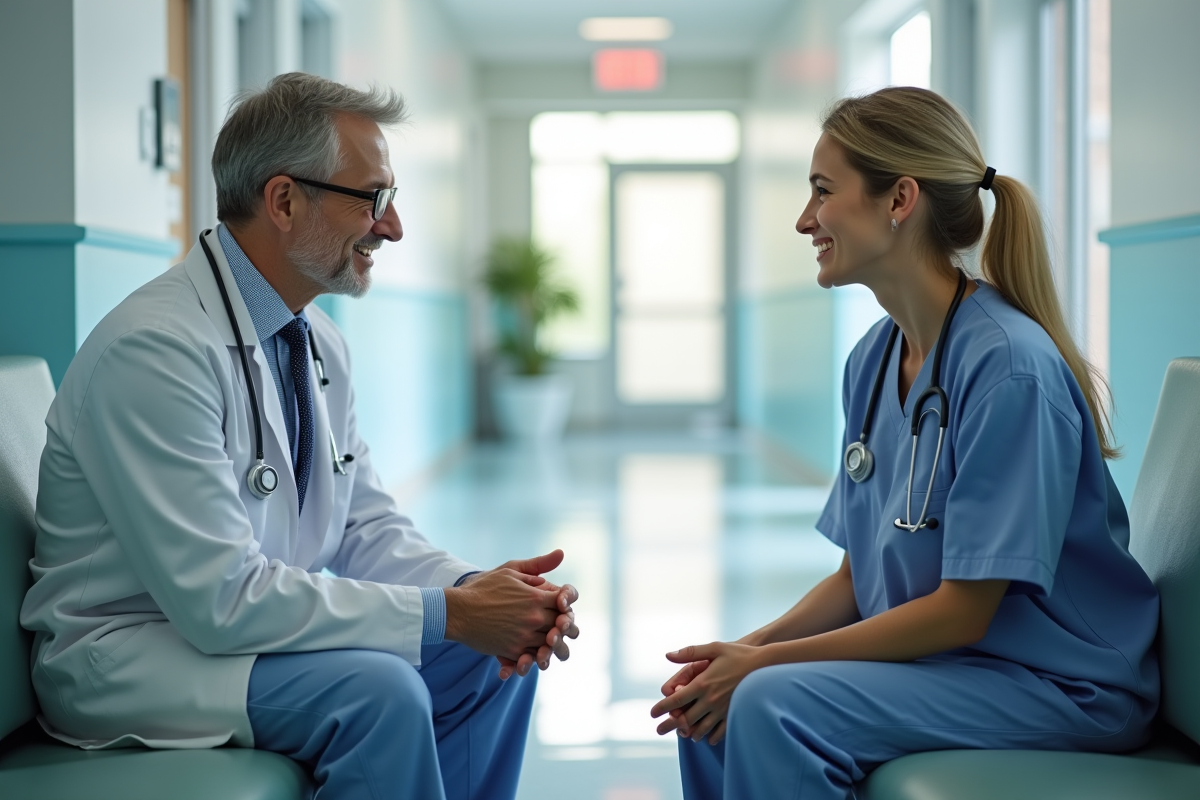 Medecin et patient discutant dans un couloir lumineux d