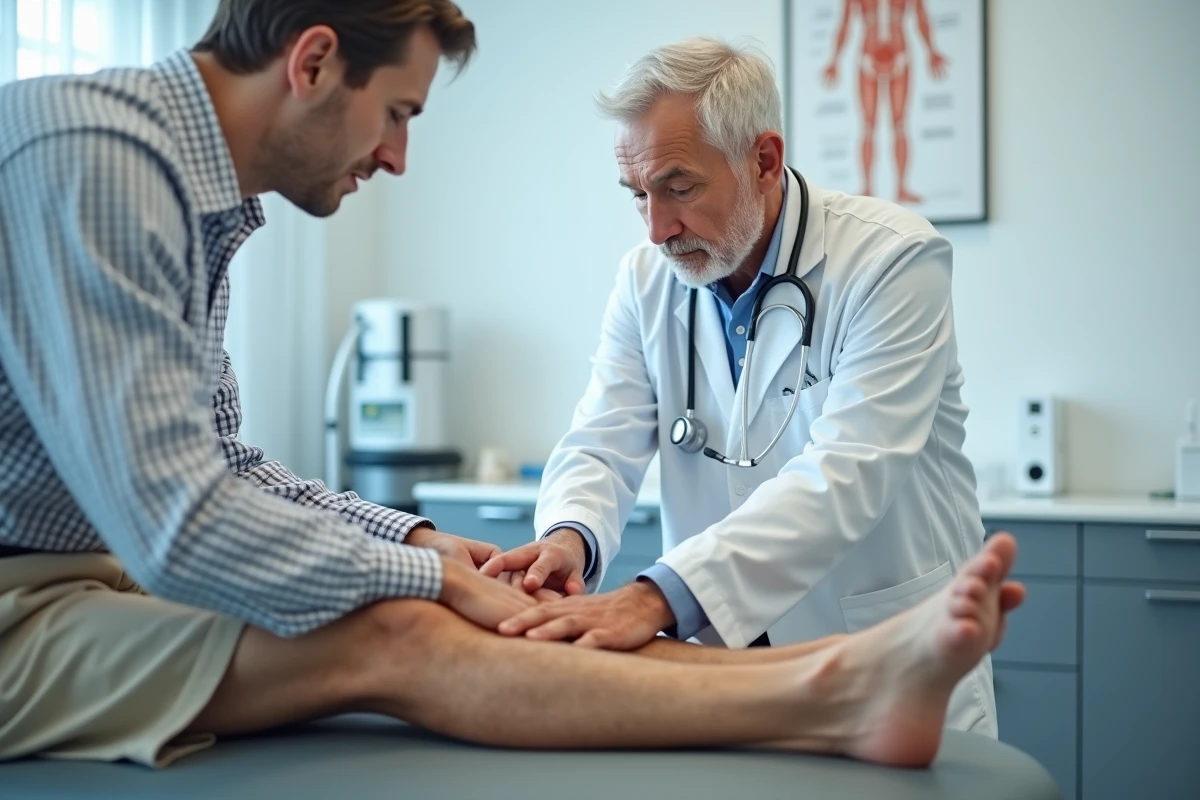 Médecin examinant la jambe d'un patient âgé pour diagnostiquer une artère bouchée