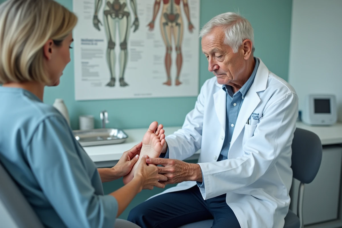 Médecin examinant la plante du pied d'un patient âgé en cabinet médical pour diagnostiquer fourmillements ou brûlures podologiques