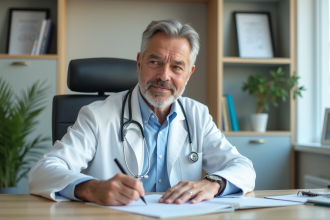 Médecin généraliste en consultation dans son bureau