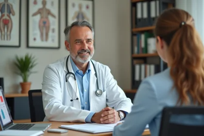 Médecin généraliste expliquant les résultats d'une analyse de sang incluant la gamma-GT à son patient lors d'une consultation