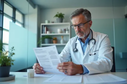 Médecin en blouse blanche examinant un échantillon d'urine