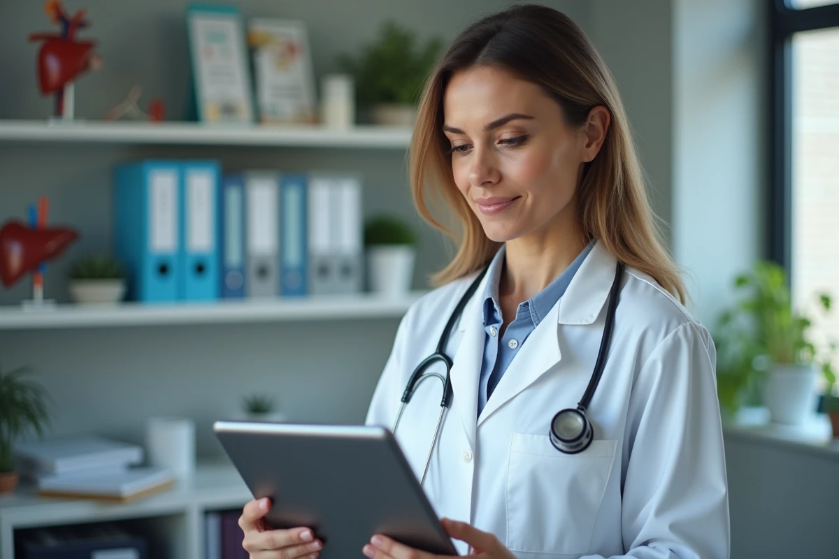 M&eacute;decin femme examinant un r&eacute;sultat m&eacute;dical sur une tablette