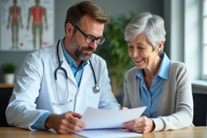 M&eacute;decin rhumatologue avec patiente &acirc;g&eacute;e en consultation