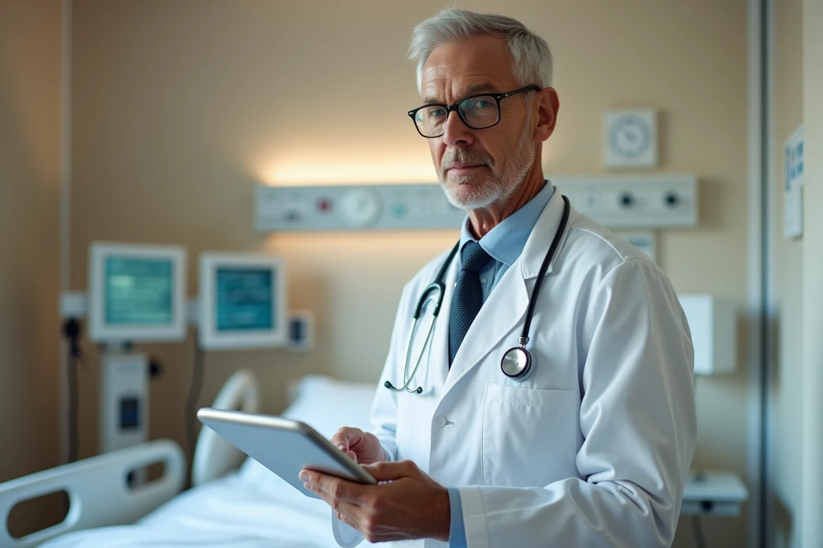 Médecin consultant un dossier patient numérique sur tablette dans une chambre d'hôpital