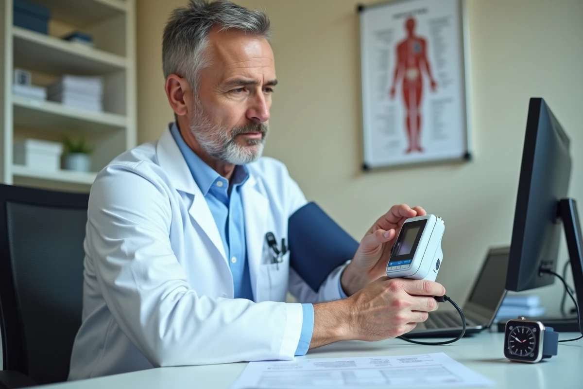 Médecin généraliste présentant un tensiomètre médical professionnel face à une montre connectée posée sur le bureau