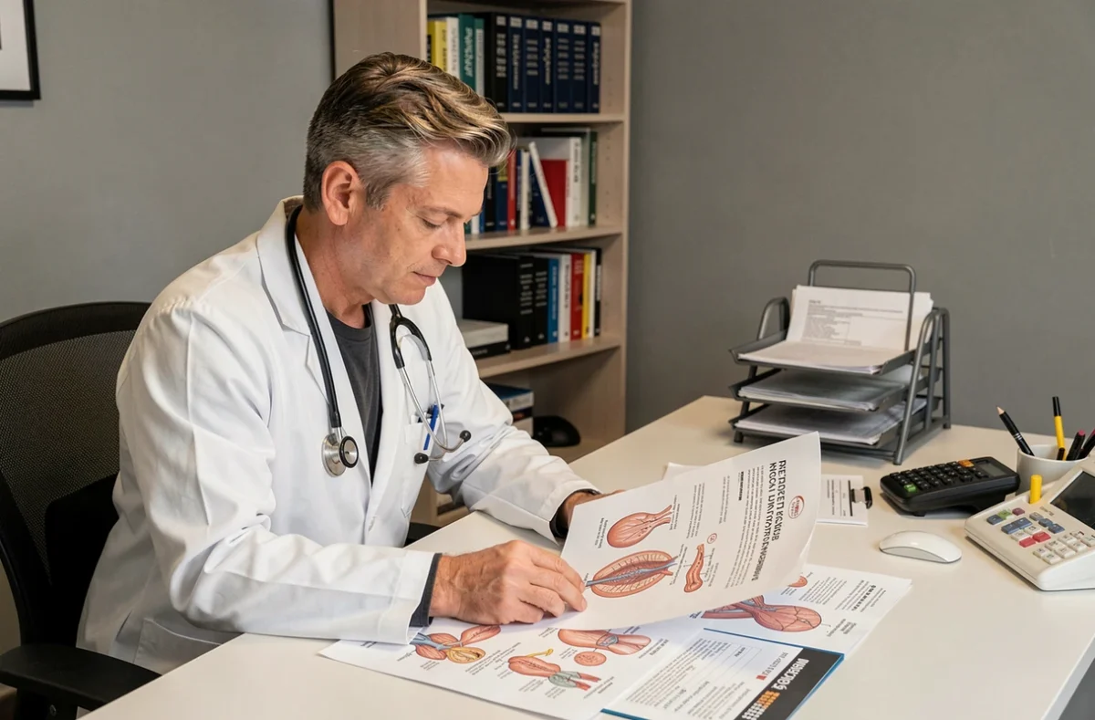 Médecin consultant des documents sur la thérapie hormonale dans un cabinet médical moderne