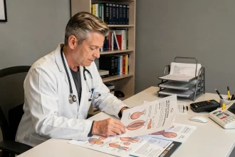 Médecin consultant des documents sur la thérapie hormonale dans un cabinet médical moderne