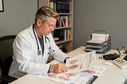 Médecin consultant des documents sur la thérapie hormonale dans un cabinet médical moderne