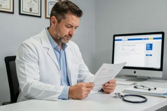 Médecin consultant un document administratif médical à son bureau, illustrant la vérification du numéro ADELI en 2026