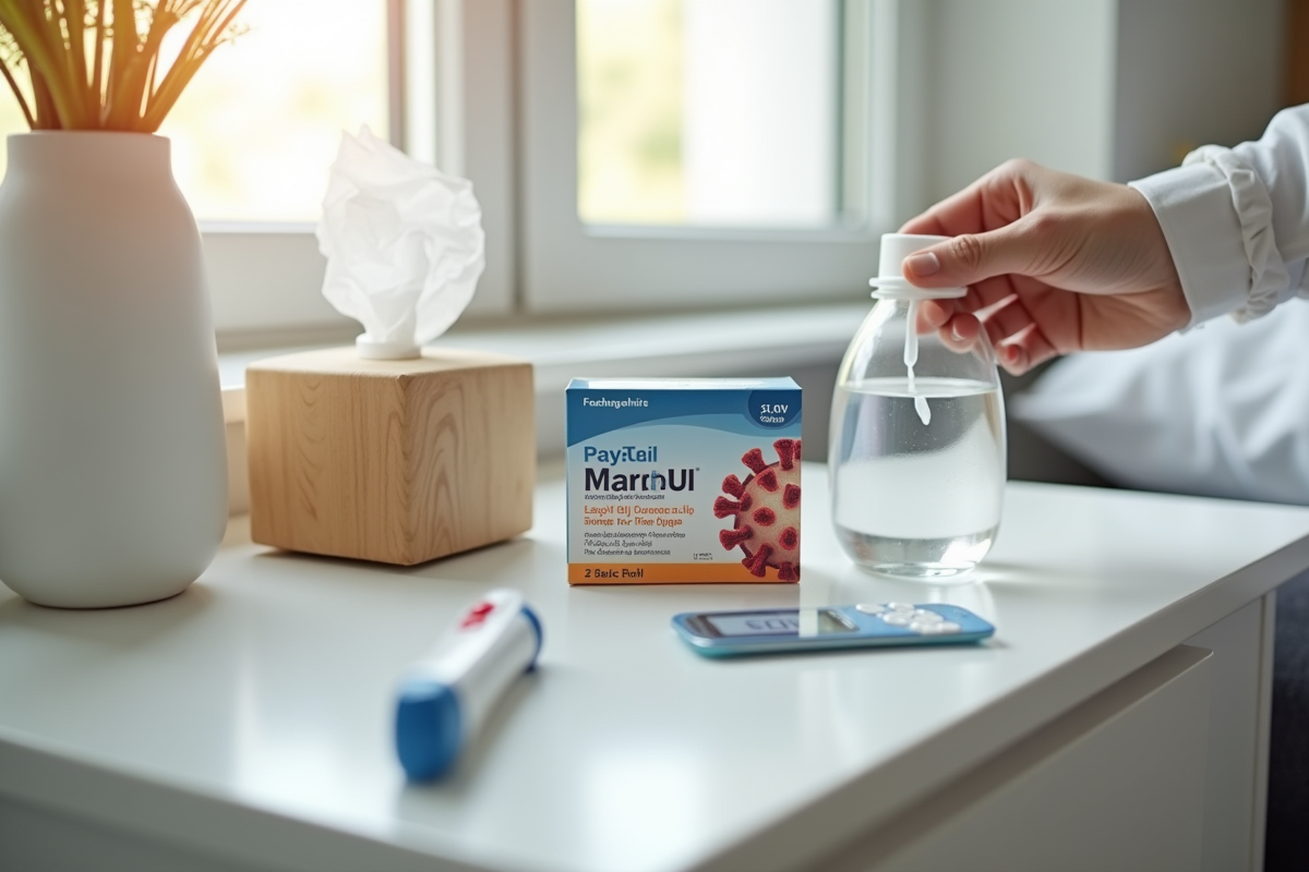 Mains tenant un médicament antiviral avec thermometre et mouchoirs