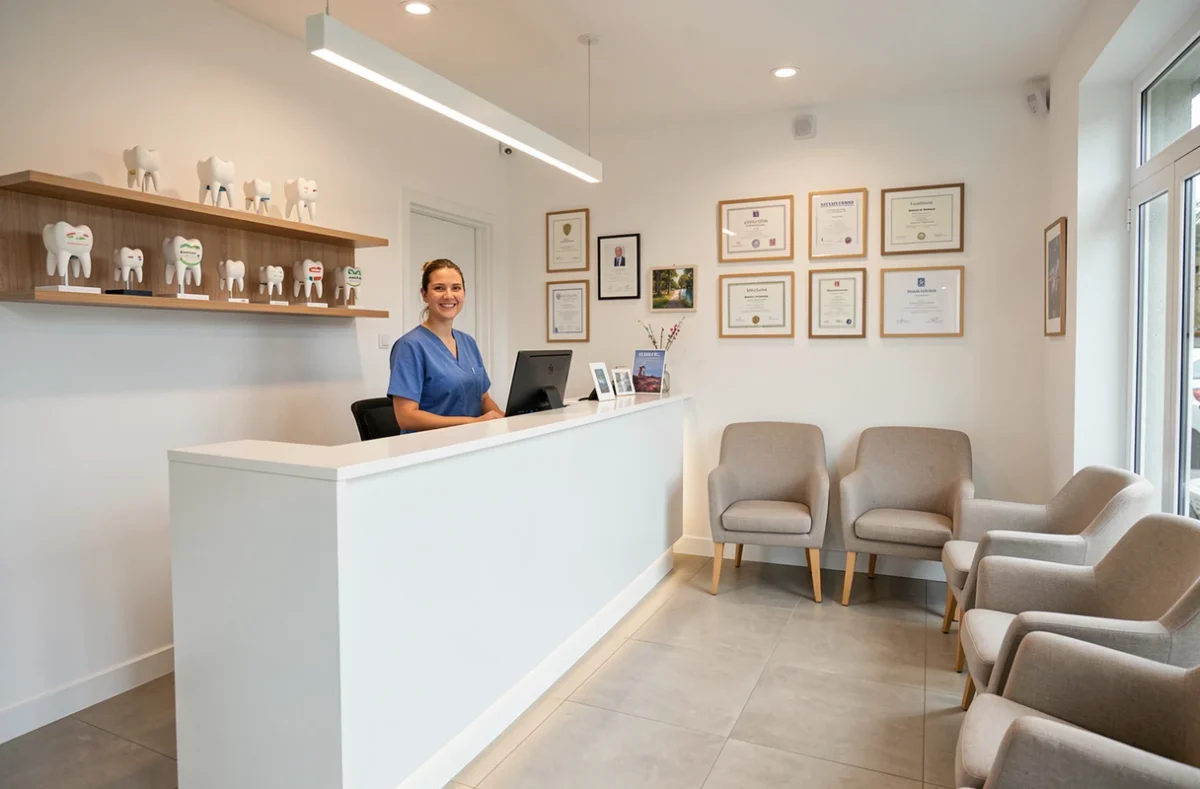 Salle d'attente moderne d'un cabinet orthodontique dans le Morbihan avec accueil chaleureux