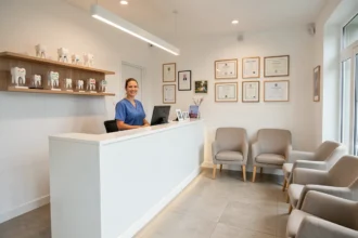 Salle d'attente moderne d'un cabinet orthodontique dans le Morbihan avec accueil chaleureux