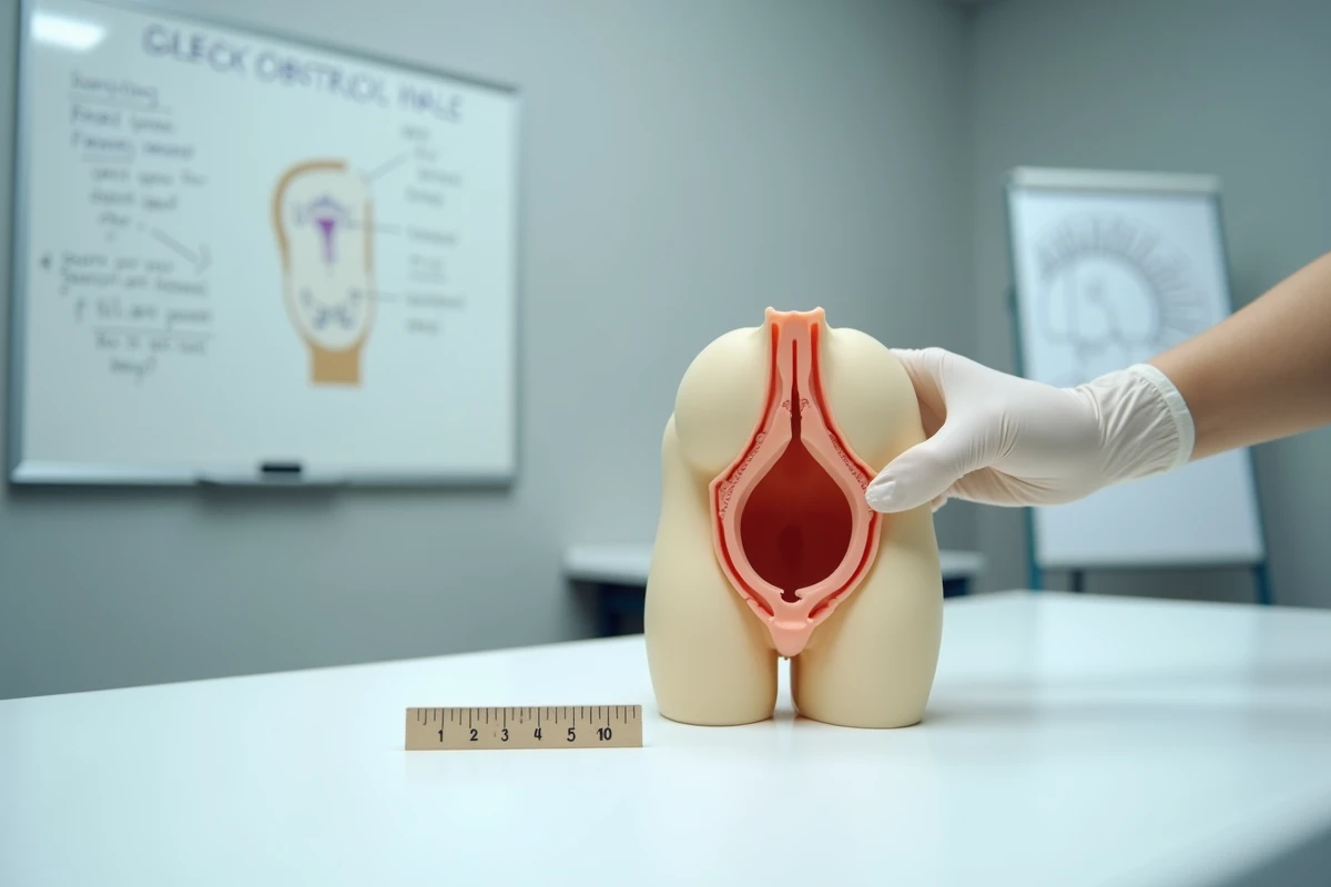 Modèle anatomique du pelvis féminin utilisé pour expliquer la dilatation du col de l'utérus en formation obstétricale