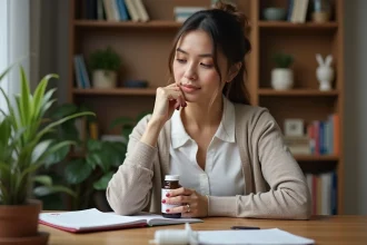 Nutritionniste femme examine une bouteille d omega 3 6 9