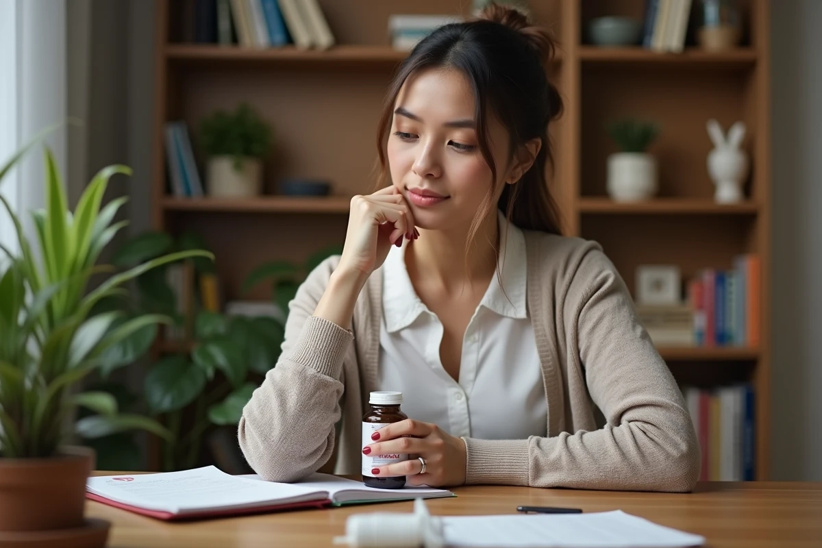 Nutritionniste femme examine une bouteille d omega 3 6 9