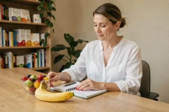 Nutritionniste examinant un plan alimentaire avec une banane posée sur son bureau lors d'une consultation sur la perte de ventre